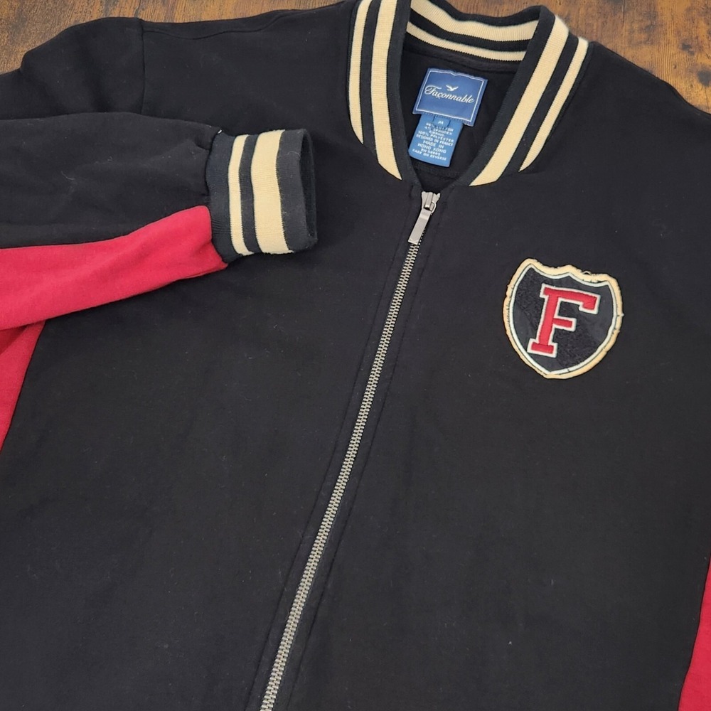 Faconnable Men's Bomber Varsity Jacket Red Black‎ Fleece Full Zip Size Medium